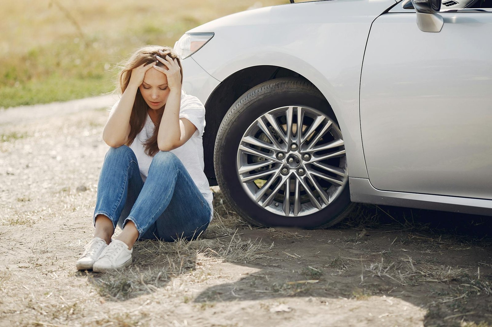 Person sitting near a vehicle on the roadside (non-graphic)